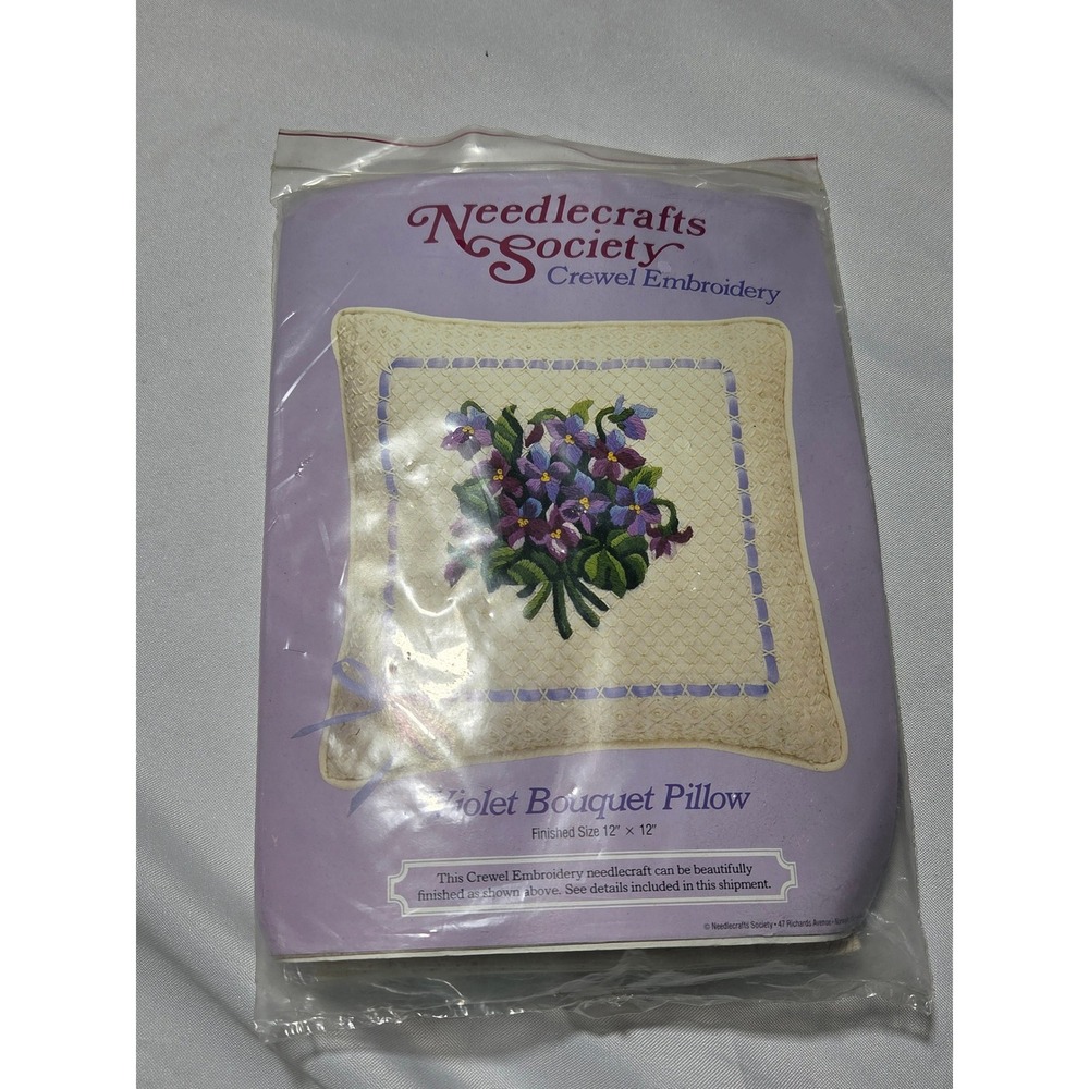 Needlecrafts Society Violet‎ Bouquet Pillow Crewel Embroidery Kit 12x12 Vintage